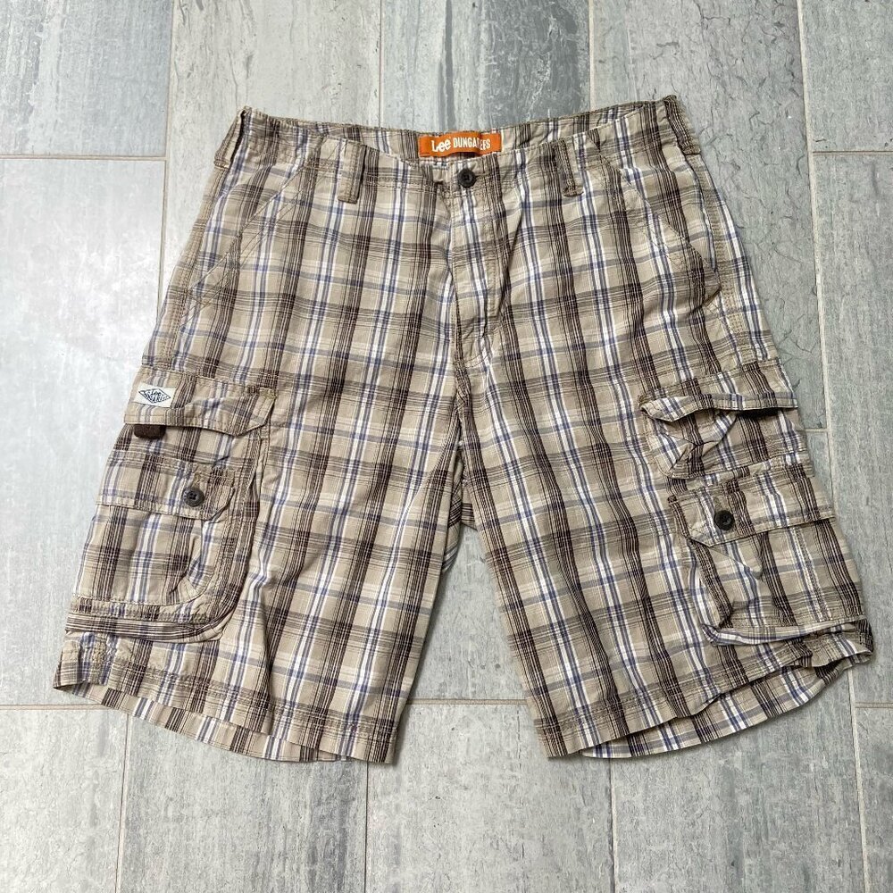 Lee Dungarees Cotton Flat Front Cargo Shorts Khaki Blue White Plaid Mens Size 34